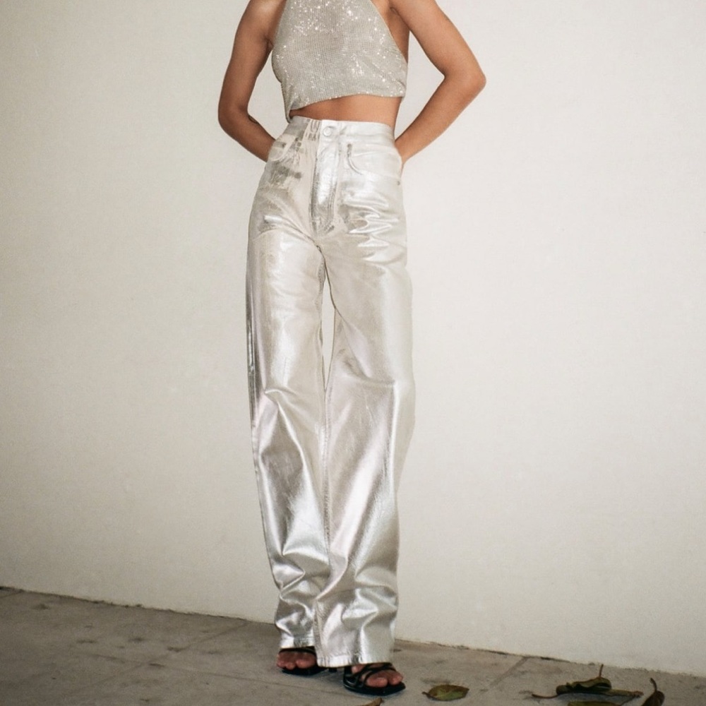 Zara Metallic Mid-Rise Boyfriend Jeans